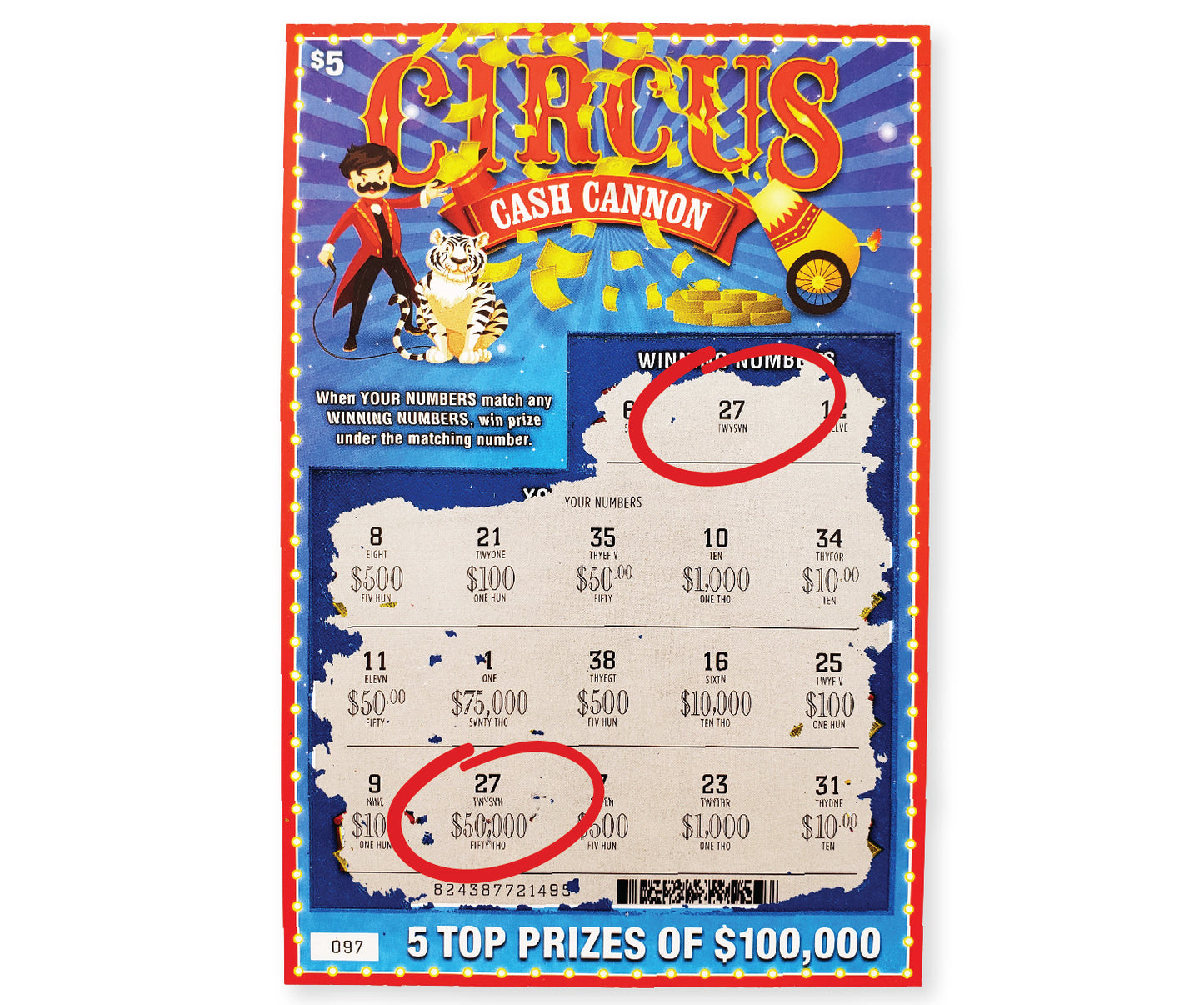 Circus Cash Cannon & Mega Hit - (8 pack) Fake Scratch Off Cards & Lottery Tickets - Every Ticket WINS $75,000 or $50,000