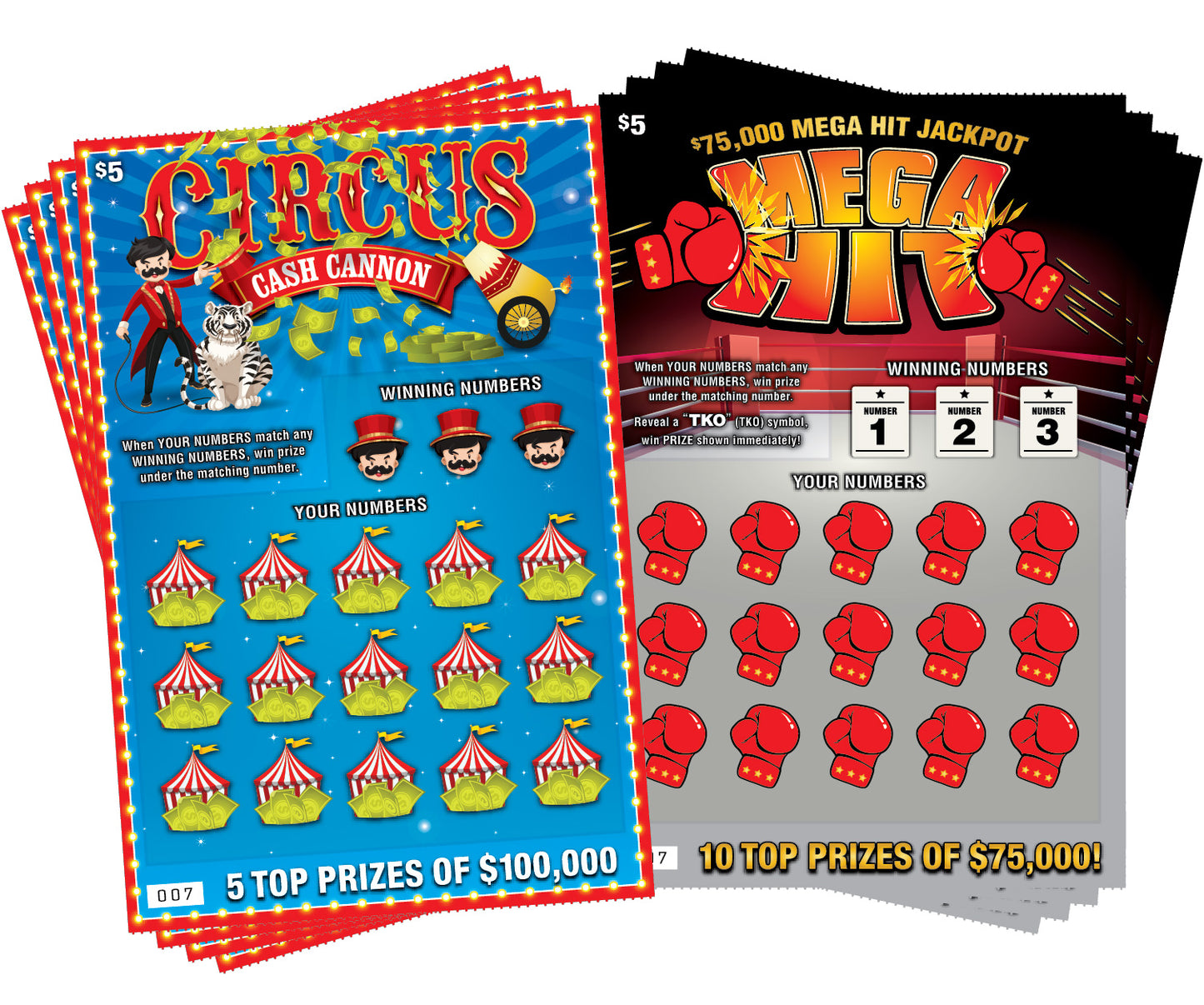 Circus Cash Cannon & Mega Hit - (8 pack) Fake Scratch Off Cards & Lottery Tickets - Every Ticket WINS $75,000 or $50,000