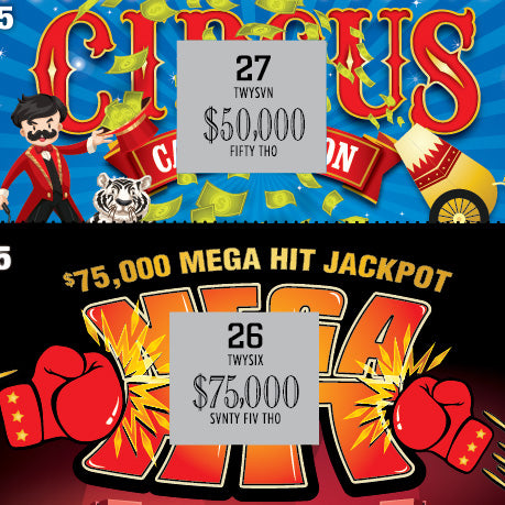 Circus Cash Cannon & Mega Hit - (8 pack) Fake Scratch Off Cards & Lottery Tickets - Every Ticket WINS $75,000 or $50,000